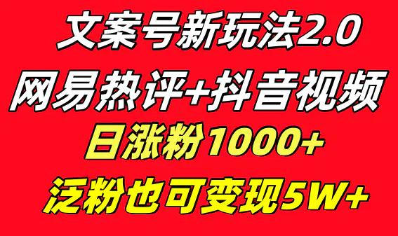 文案号新玩法 网易热评+抖音文案 一天涨粉1000+ 多种变现模式 泛粉也可变现